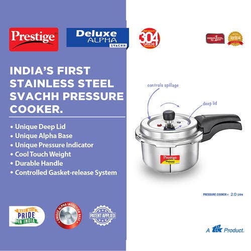 Prestige Deluxe Alpha Stainless Steel Pressure Cooker, 4 Litres, Silver