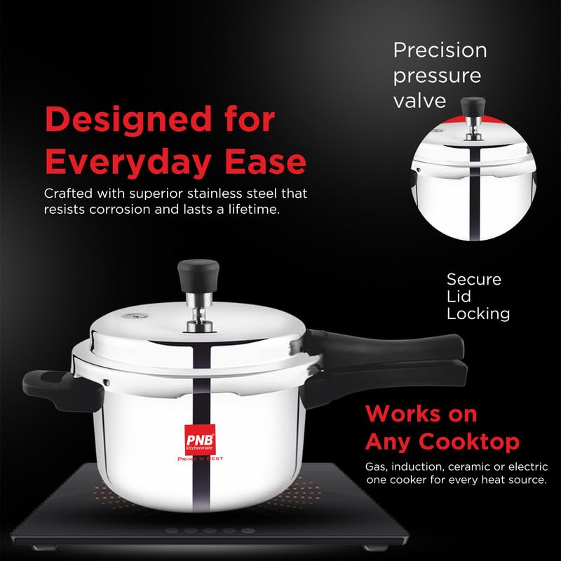 PNB Kitchenmate Magnito Triply Cooker - Outer Lid Pressure Cooker Induction and Gas Base - Induction Pressure Cooker With Inner Lid, Induction Cooker, Mirror Finish, Thickness: 2.5mm, Silver | 3L