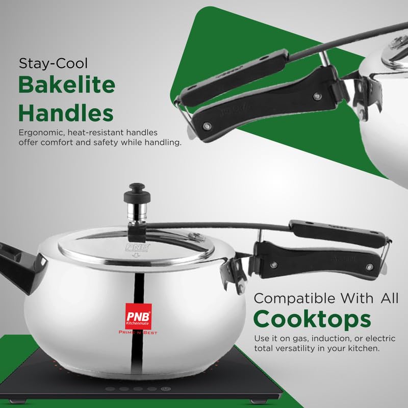 PNB Kitchenmate Jewel Cooker -Stainless Steel Pressure Cooker Induction and Gas Base, Induction Pressure Cooker With Inner Lid, Induction Cooker, Mirror Finish, Thickness 1.2 mm, Silver | 6.5L