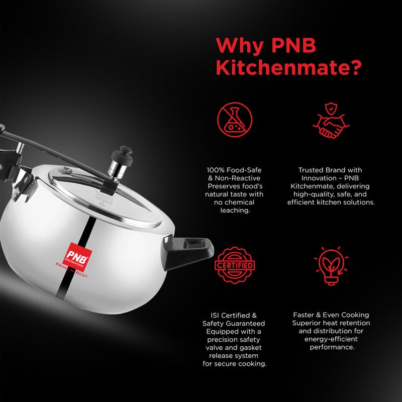 PNB Kitchenmate Euro Triply Cooker - Pressure Cooker Induction and Gas Base, Induction Pressure Cooker With Inner Lid, Induction Cooker, Mirror Finish, Thickness: 2.5mm, Silver | 3L