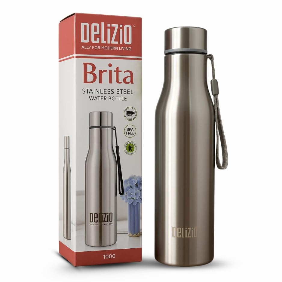 KEMP DELIZIO BRITA Edition Stainless Steel Fridge Water Bottle 1000 ML | 1 L | Single Walled | Office | Gym | Travelling | Leak Proof LID | ECO Friendly | BPA Free | for Adult, Kids