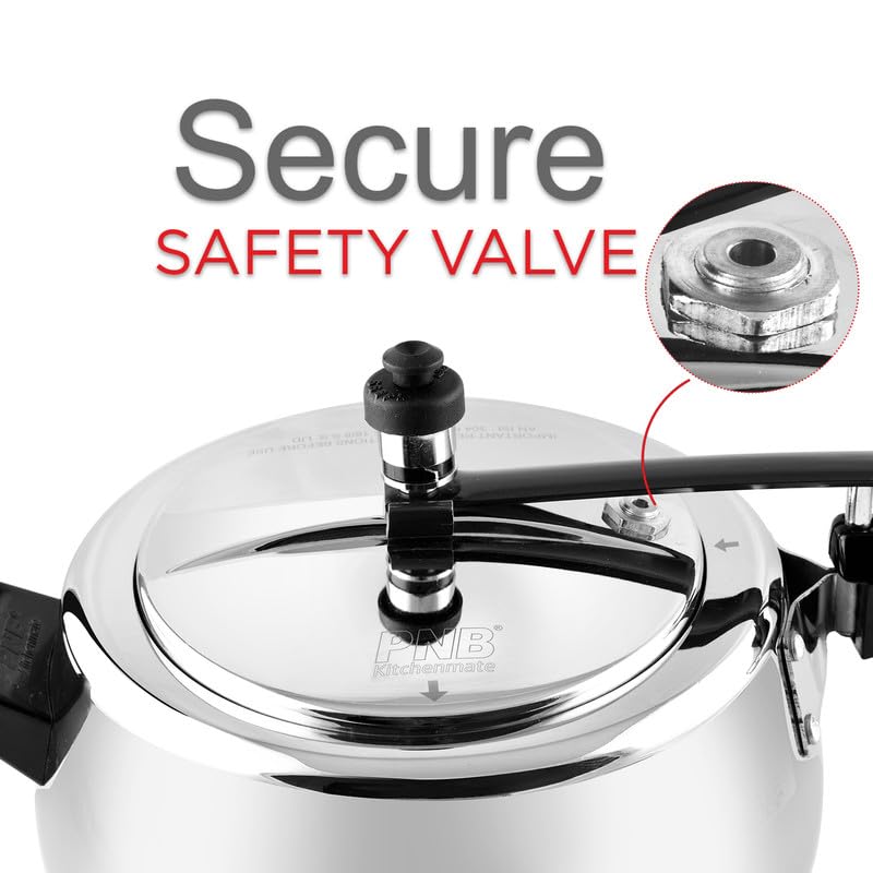 PNB Kitchenmate Pro Cooker -Stainless Steel Pressure Cooker Induction and Gas Base, Induction Pressure Cooker With Inner Lid, Induction Cooker, Mirror Finish, Silver | 5.5L