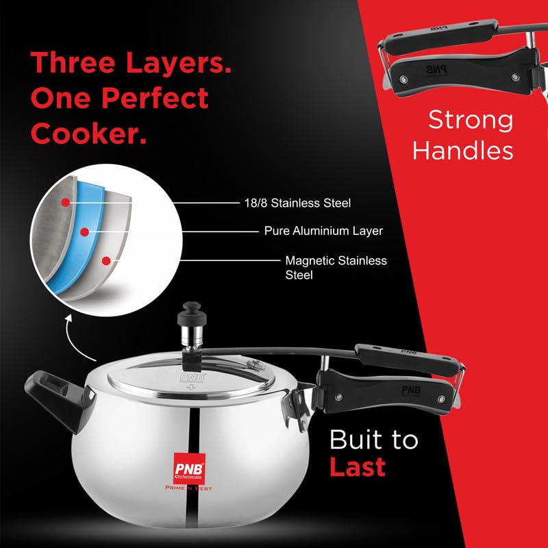 PNB Kitchenmate Euro Triply Cooker - Pressure Cooker Induction and Gas Base, Induction Pressure Cooker With Inner Lid, Induction Cooker, Mirror Finish, Thickness: 2.5mm, Silver | 3L