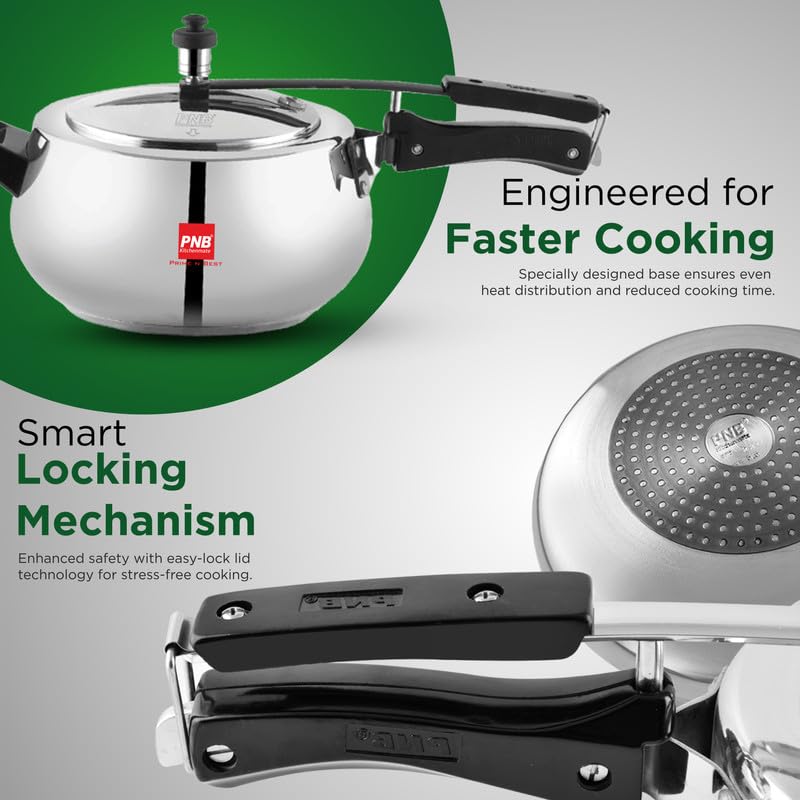 PNB Kitchenmate Jewel Cooker -Stainless Steel Pressure Cooker Induction and Gas Base, Induction Pressure Cooker With Inner Lid, Induction Cooker, Mirror Finish, Thickness 1.2 mm, Silver | 6.5L