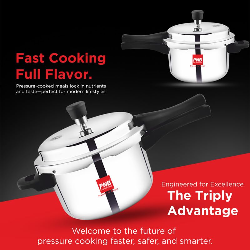 PNB Kitchenmate Magnito Triply Cooker - Outer Lid Pressure Cooker Induction and Gas Base - Induction Pressure Cooker With Inner Lid, Induction Cooker, Mirror Finish, Thickness: 2.5mm, Silver | 3L