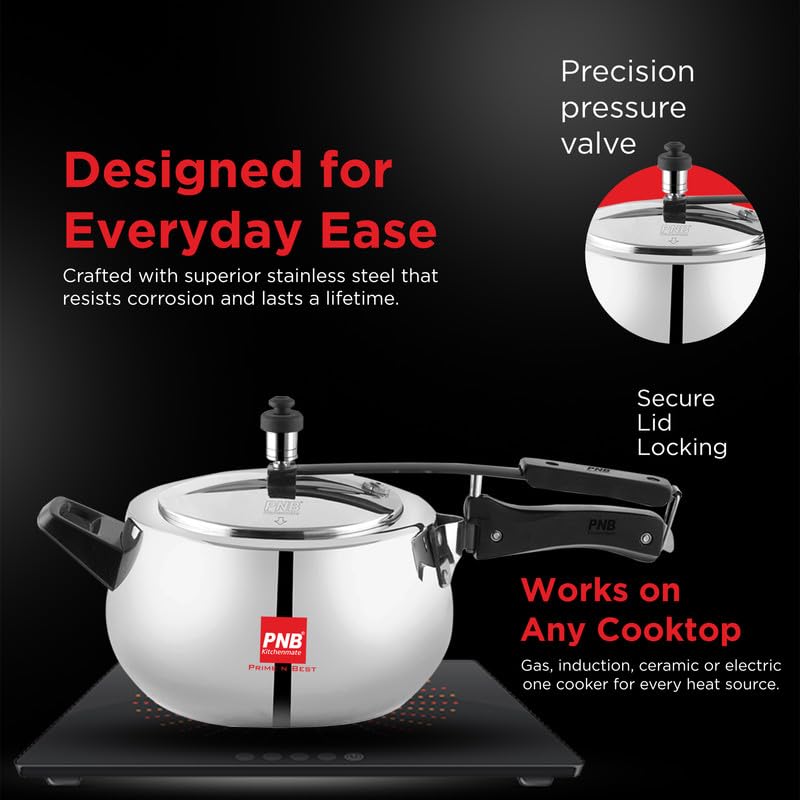 PNB Kitchenmate Euro Triply Cooker - Pressure Cooker Induction and Gas Base, Induction Pressure Cooker With Inner Lid, Induction Cooker, Mirror Finish, Thickness: 2.5mm, Silver | 3L