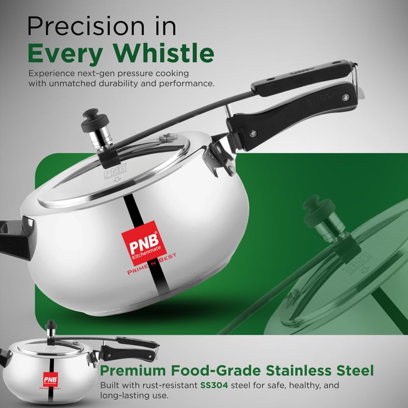 PNB Kitchenmate Jewel Cooker -Stainless Steel Pressure Cooker Induction and Gas Base, Induction Pressure Cooker With Inner Lid, Induction Cooker, Mirror Finish, Thickness 1.2 mm, Silver | 6.5L