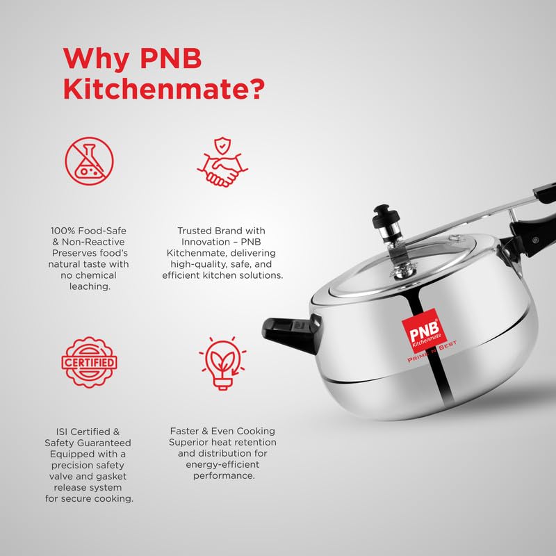 PNB Kitchenmate Pressure Cooker, Induction Base and Stove Compatibility - Aluminium Pressure Cooker with Inner Lid - Induction Cooker with ISI Certification - 3.5 Ltr (Gem)