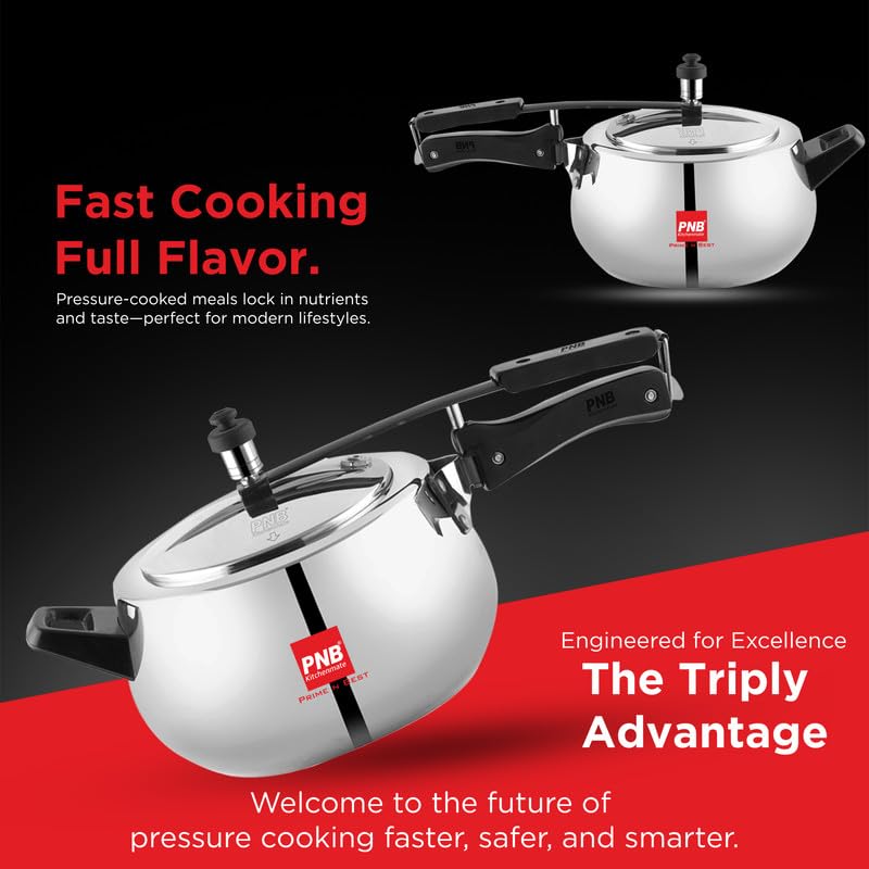 PNB Kitchenmate Euro Triply Cooker - Pressure Cooker Induction and Gas Base, Induction Pressure Cooker With Inner Lid, Induction Cooker, Mirror Finish, Thickness: 2.5mm, Silver | 3L