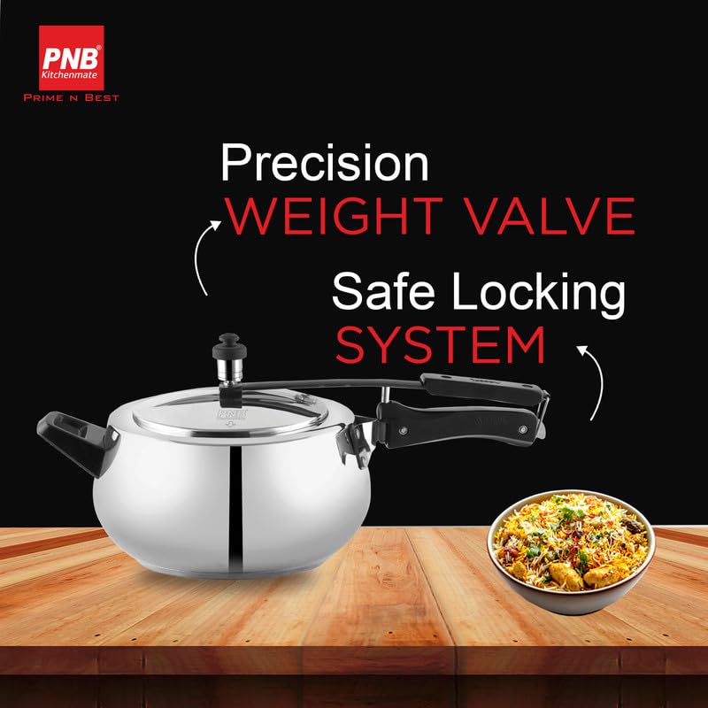 PNB Kitchenmate Pro Cooker -Stainless Steel Pressure Cooker Induction and Gas Base, Induction Pressure Cooker With Inner Lid, Induction Cooker, Mirror Finish, Silver | 5.5L