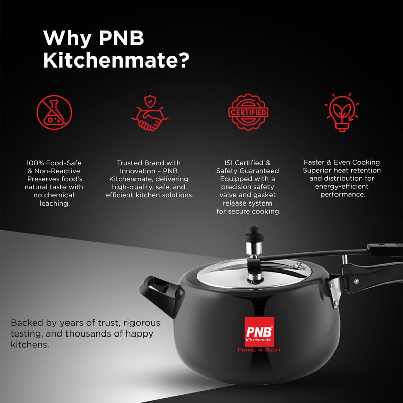 PNB Kitchenmate ORCHID - Hard Anodised Pressure Cooker 2 Ltr | Inner Lid Design | Induction & Gas Stove Compatible | Sleek Black Finish | Kitchen Cooking Appliance | Durable Build | Induction Base