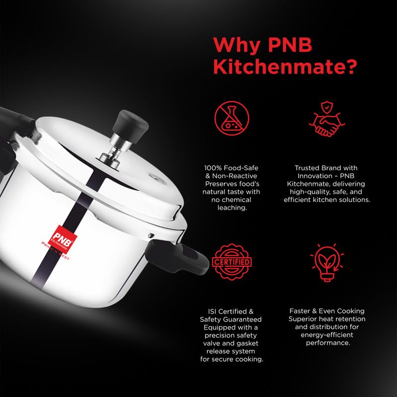 PNB Kitchenmate Magnito Triply Cooker - Outer Lid Pressure Cooker Induction and Gas Base - Induction Pressure Cooker With Inner Lid, Induction Cooker, Mirror Finish, Thickness: 2.5mm, Silver | 3L