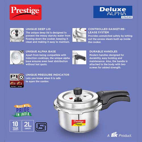 Prestige Deluxe Alpha Stainless Steel Pressure Cooker, 4 Litres, Silver