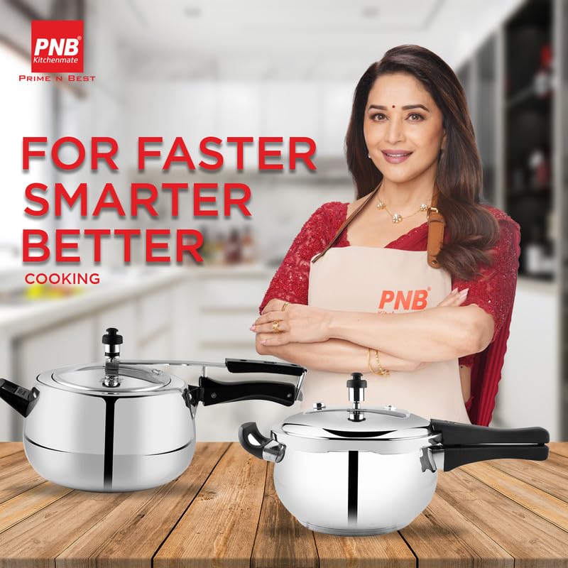 PNB Kitchenmate Pro Cooker -Stainless Steel Pressure Cooker Induction and Gas Base, Induction Pressure Cooker With Inner Lid, Induction Cooker, Mirror Finish, Silver | 5.5L