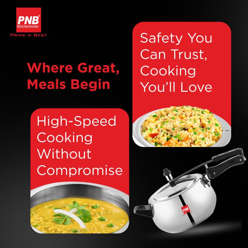 PNB Kitchenmate Euro Triply Cooker - Pressure Cooker Induction and Gas Base, Induction Pressure Cooker With Inner Lid, Induction Cooker, Mirror Finish, Thickness: 2.5mm, Silver | 3L