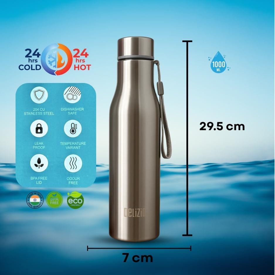 KEMP DELIZIO BRITA Edition Stainless Steel Fridge Water Bottle 1000 ML | 1 L | Single Walled | Office | Gym | Travelling | Leak Proof LID | ECO Friendly | BPA Free | for Adult, Kids