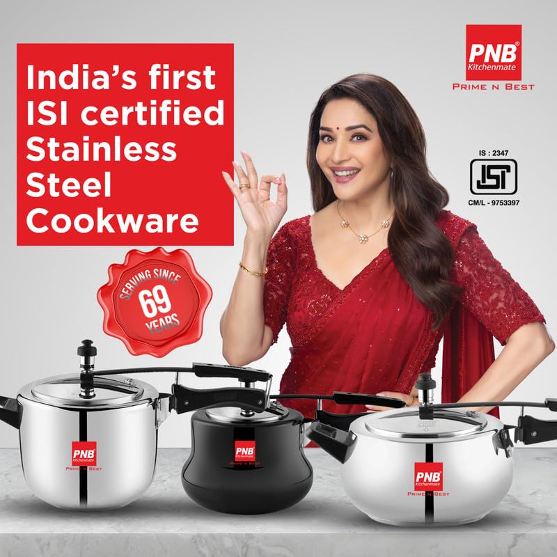 PNB Kitchenmate Jewel Cooker -Stainless Steel Pressure Cooker Induction and Gas Base, Induction Pressure Cooker With Inner Lid, Induction Cooker, Mirror Finish, Thickness 1.2 mm, Silver | 6.5L