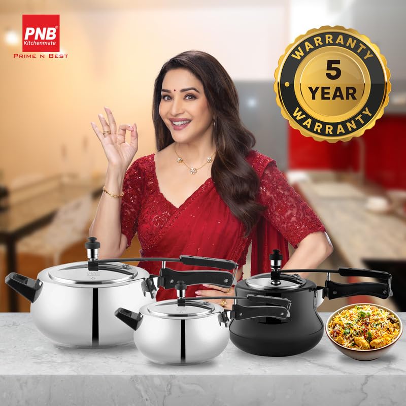 PNB Kitchenmate Pro Cooker -Stainless Steel Pressure Cooker Induction and Gas Base, Induction Pressure Cooker With Inner Lid, Induction Cooker, Mirror Finish, Silver | 5.5L