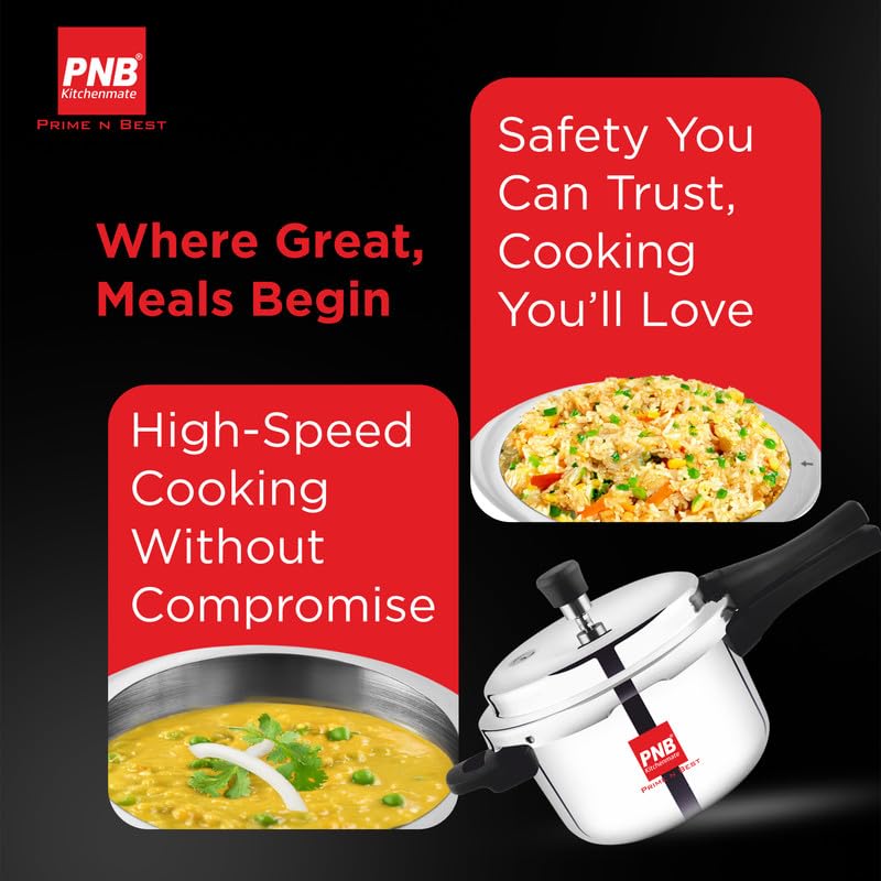 PNB Kitchenmate Magnito Triply Cooker - Outer Lid Pressure Cooker Induction and Gas Base - Induction Pressure Cooker With Inner Lid, Induction Cooker, Mirror Finish, Thickness: 2.5mm, Silver | 3L