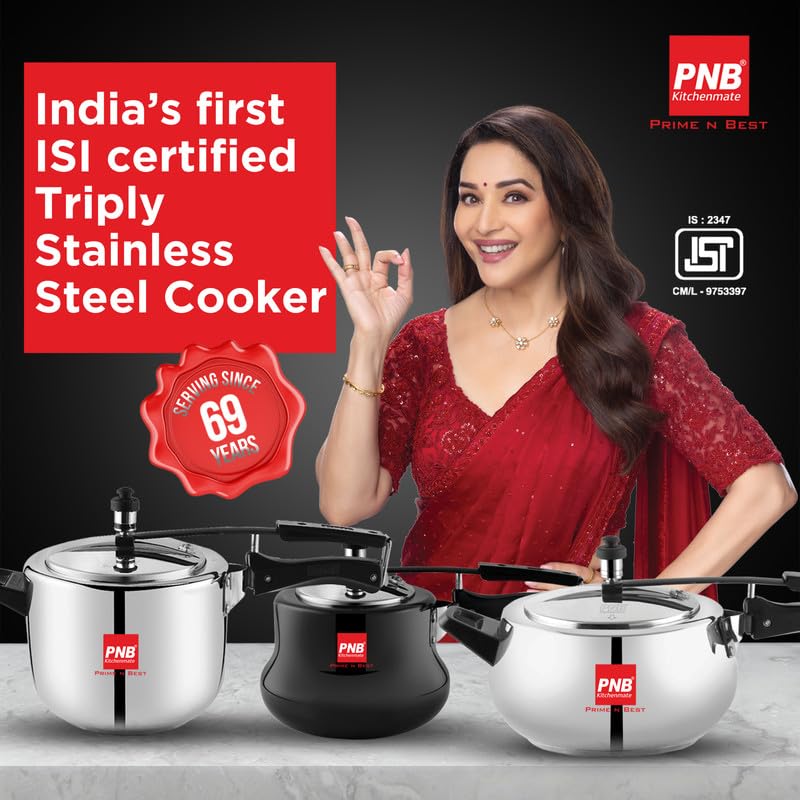 PNB Kitchenmate Euro Triply Cooker - Pressure Cooker Induction and Gas Base, Induction Pressure Cooker With Inner Lid, Induction Cooker, Mirror Finish, Thickness: 2.5mm, Silver | 3L