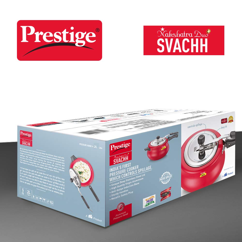 Prestige 2L Nakshatra DUO Plus Svachh Inner Lid Aluminium Handi|Ideal for 2-3 persons|Deep lid for Spillage Control|Gas or induction compatible|Red|5 years warranty