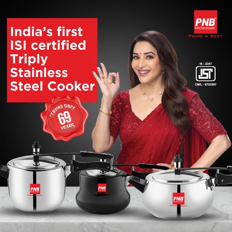 PNB Kitchenmate Magnito Triply Cooker - Outer Lid Pressure Cooker Induction and Gas Base - Induction Pressure Cooker With Inner Lid, Induction Cooker, Mirror Finish, Thickness: 2.5mm, Silver | 3L