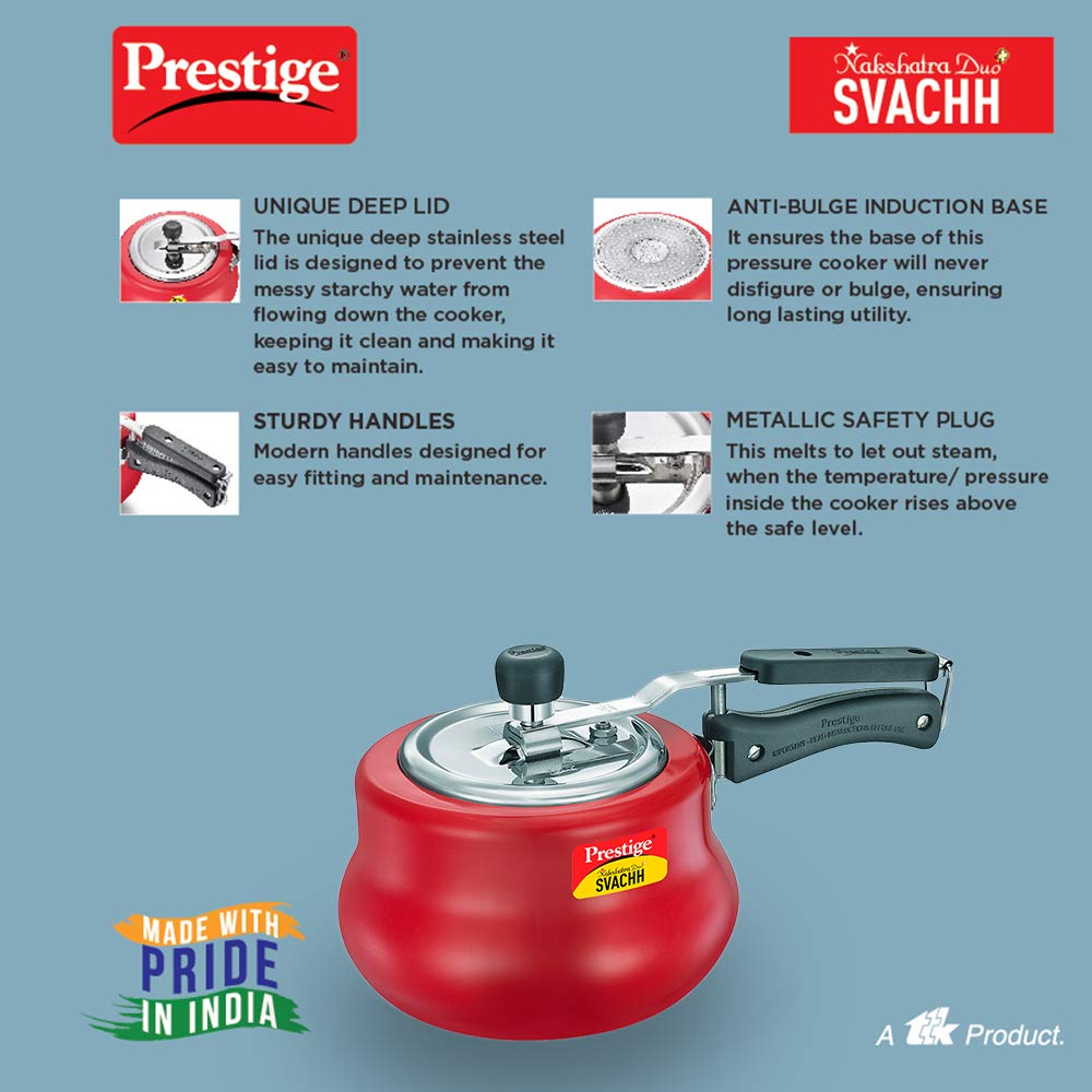 Prestige 2L Nakshatra DUO Plus Svachh Inner Lid Aluminium Handi|Ideal for 2-3 persons|Deep lid for Spillage Control|Gas or induction compatible|Red|5 years warranty
