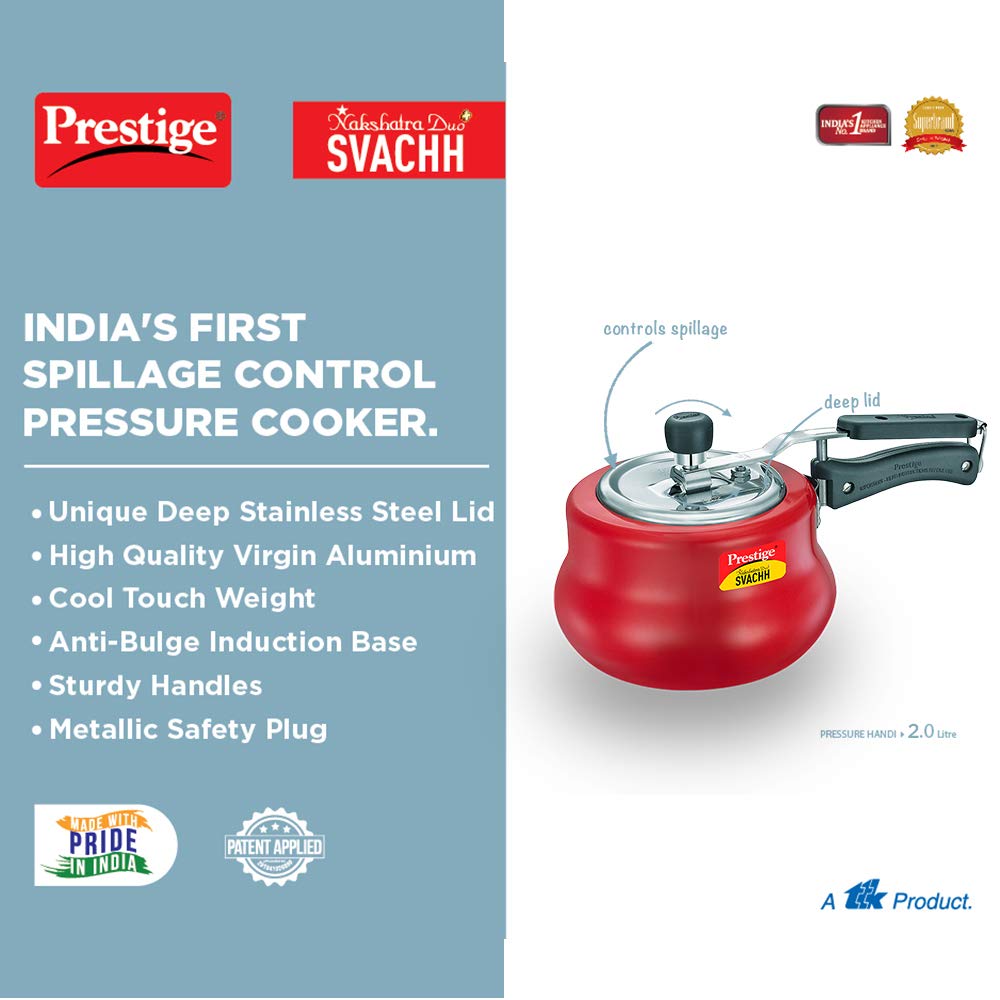 Prestige 2L Nakshatra DUO Plus Svachh Inner Lid Aluminium Handi|Ideal for 2-3 persons|Deep lid for Spillage Control|Gas or induction compatible|Red|5 years warranty