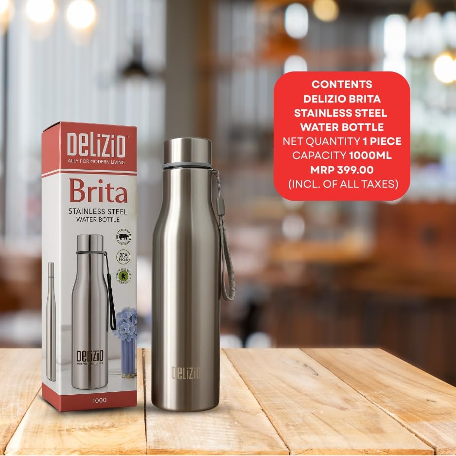 KEMP DELIZIO BRITA Edition Stainless Steel Fridge Water Bottle 1000 ML | 1 L | Single Walled | Office | Gym | Travelling | Leak Proof LID | ECO Friendly | BPA Free | for Adult, Kids