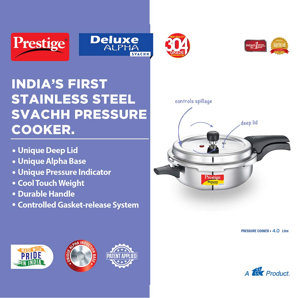 Prestige 4L Svachh Deluxe Alpha Senior Pressure Pan stainless steel|Outer lid|Ideal for 4-6 persons|Deep lid for spillage control|Gas & induction compatible|Silver|10 years warranty
