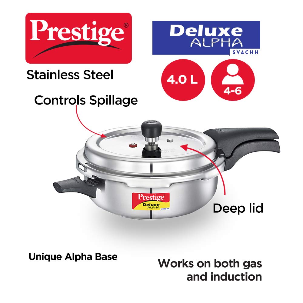 Prestige 4L Svachh Deluxe Alpha Senior Pressure Pan stainless steel|Outer lid|Ideal for 4-6 persons|Deep lid for spillage control|Gas & induction compatible|Silver|10 years warranty