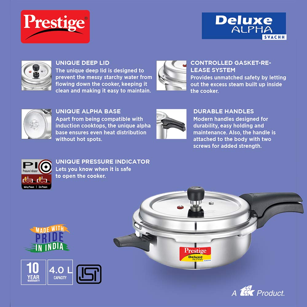 Prestige 4L Svachh Deluxe Alpha Senior Pressure Pan stainless steel|Outer lid|Ideal for 4-6 persons|Deep lid for spillage control|Gas & induction compatible|Silver|10 years warranty