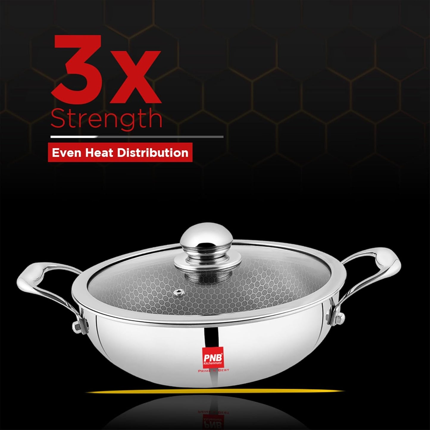 PNB INOX TRIPLY KARAHI with Steel Lid - 2 LTR Capacity & 22 cm - Gas & Induction Compatible - 3-Ply Clad Construction - Triply Stainless Steel Kadai