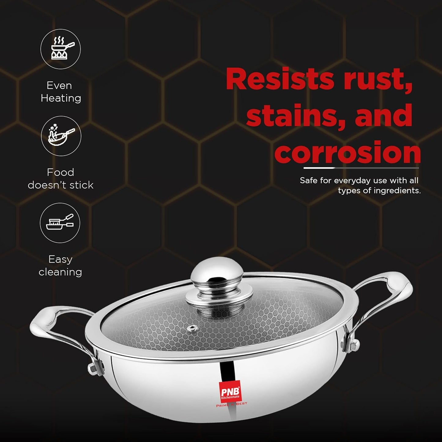 PNB INOX TRIPLY KARAHI with Steel Lid - 2 LTR Capacity & 22 cm - Gas & Induction Compatible - 3-Ply Clad Construction - Triply Stainless Steel Kadai