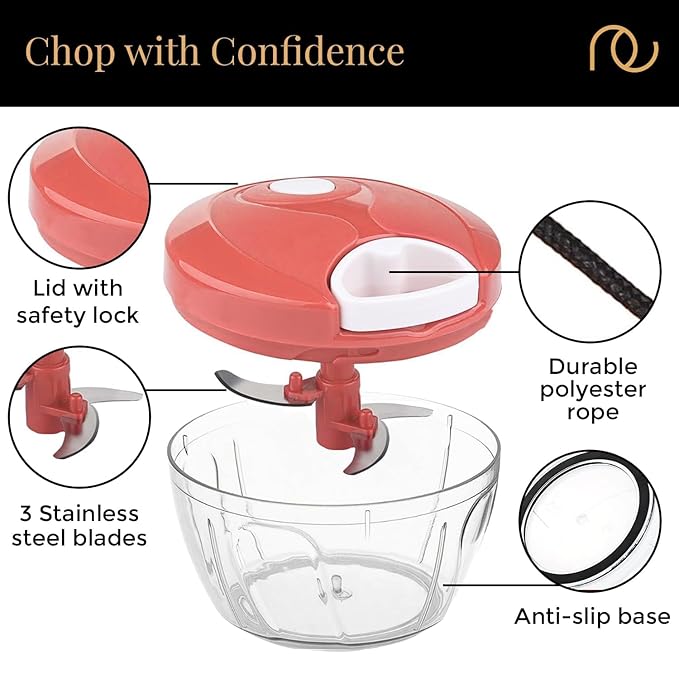 KEMP Quick Manual string Chopper Multipurpose Manual Vegetable, Dry Fruit and Onion Handy Chopper and Quick Cutter Machine for Kitchen with 3 Stainless Steel Blade (500ml)