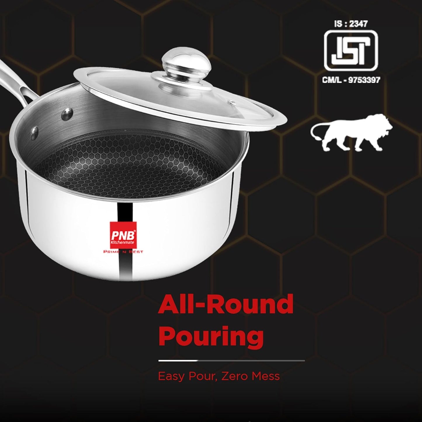PNB Kitchenmate INOX Triply Saucepan with Lid - Stainless Steel Saucepan - 0.9L Capacity & 14 cm - Gas & Induction Compatible - 3-Ply Clad Construction