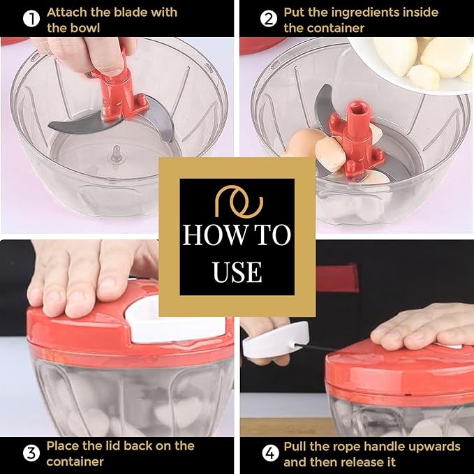KEMP Quick Manual string Chopper Multipurpose Manual Vegetable, Dry Fruit and Onion Handy Chopper and Quick Cutter Machine for Kitchen with 3 Stainless Steel Blade (500ml)