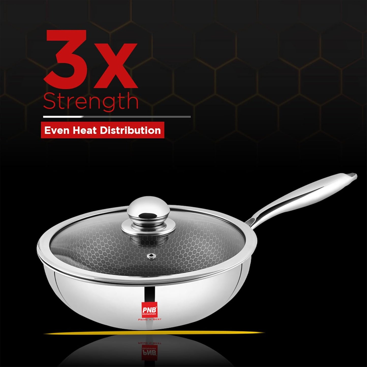 PNB Kitchenmate Triply Wok with Lid - 3-Ply Clad Construction - 28 cm Wok Pan - Long Handle for Control - Cookware for Indian Cooking