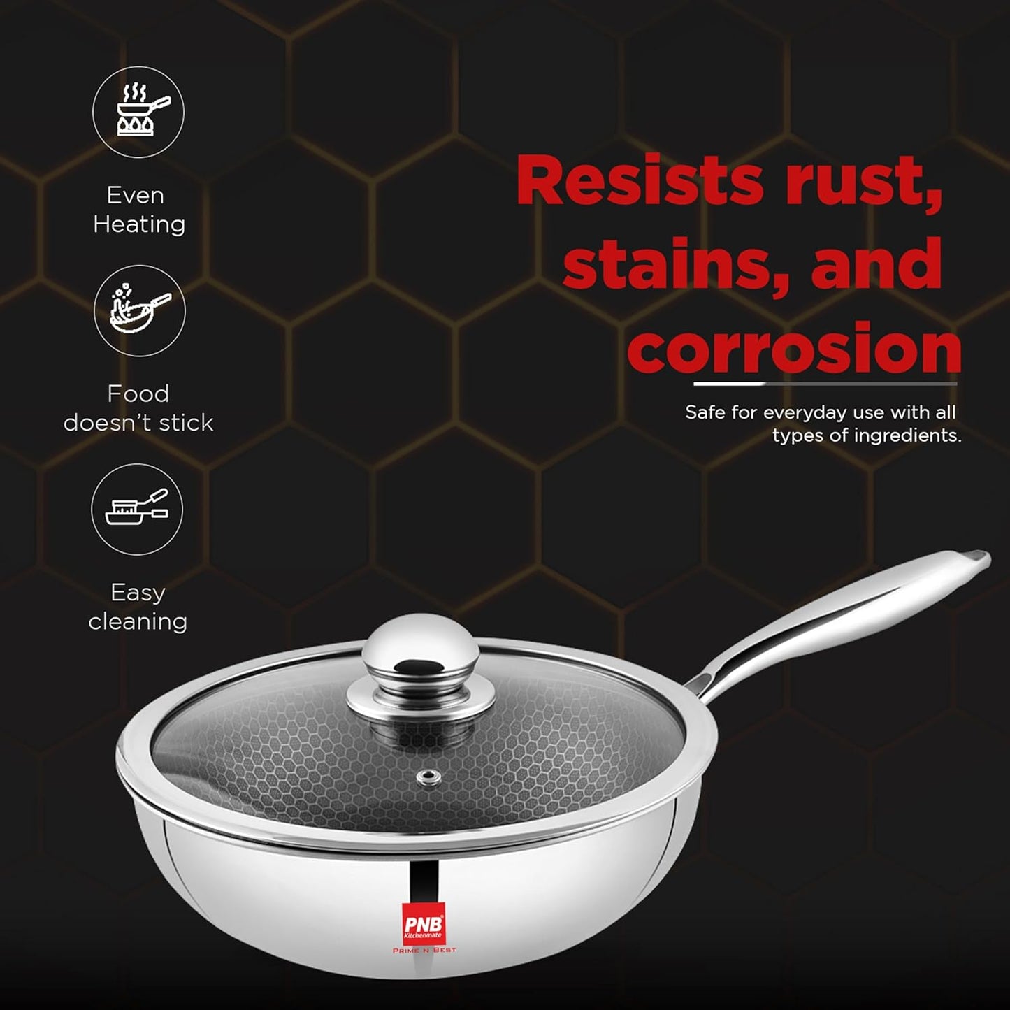 PNB Kitchenmate Triply Wok with Lid - 3-Ply Clad Construction - 28 cm Wok Pan - Long Handle for Control - Cookware for Indian Cooking