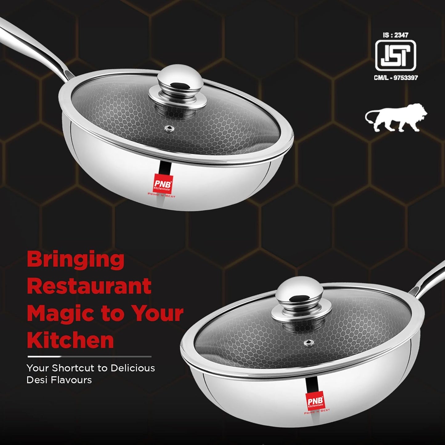 PNB Kitchenmate Triply Wok with Lid - 3-Ply Clad Construction - 28 cm Wok Pan - Long Handle for Control - Cookware for Indian Cooking