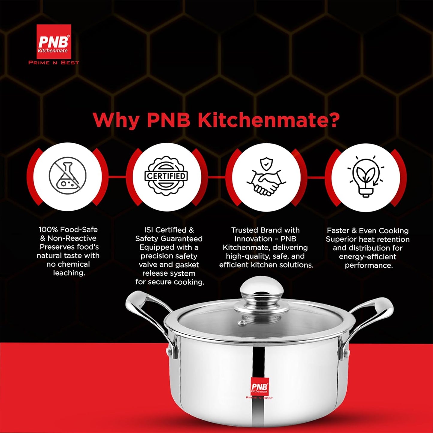 PNB Kitchenmate INOX Triply Cookpot with Lid - Stainless Steel Cookpot with - Gas and Induction Compatible - 8L Capacity & 28 cm - 3-Ply Clad Construction