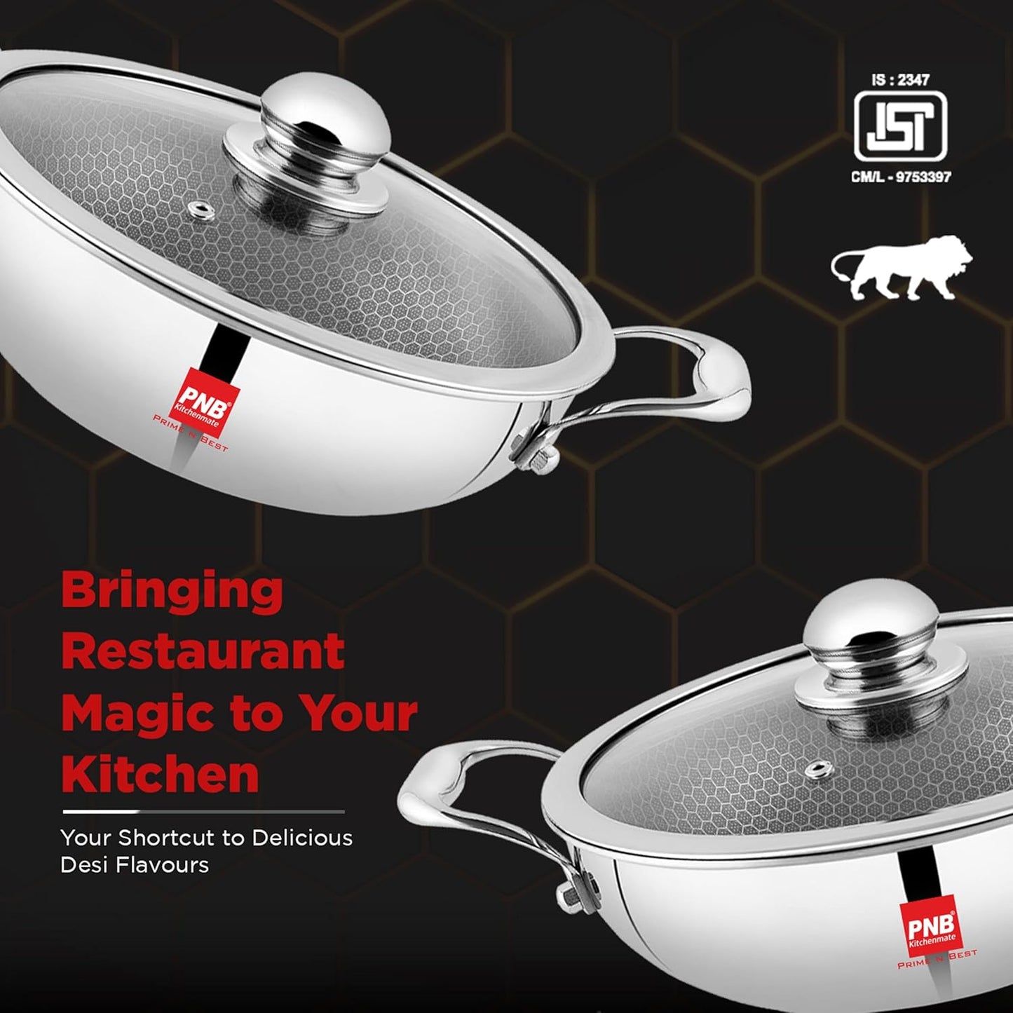 PNB INOX TRIPLY KARAHI with Steel Lid - 2 LTR Capacity & 22 cm - Gas & Induction Compatible - 3-Ply Clad Construction - Triply Stainless Steel Kadai