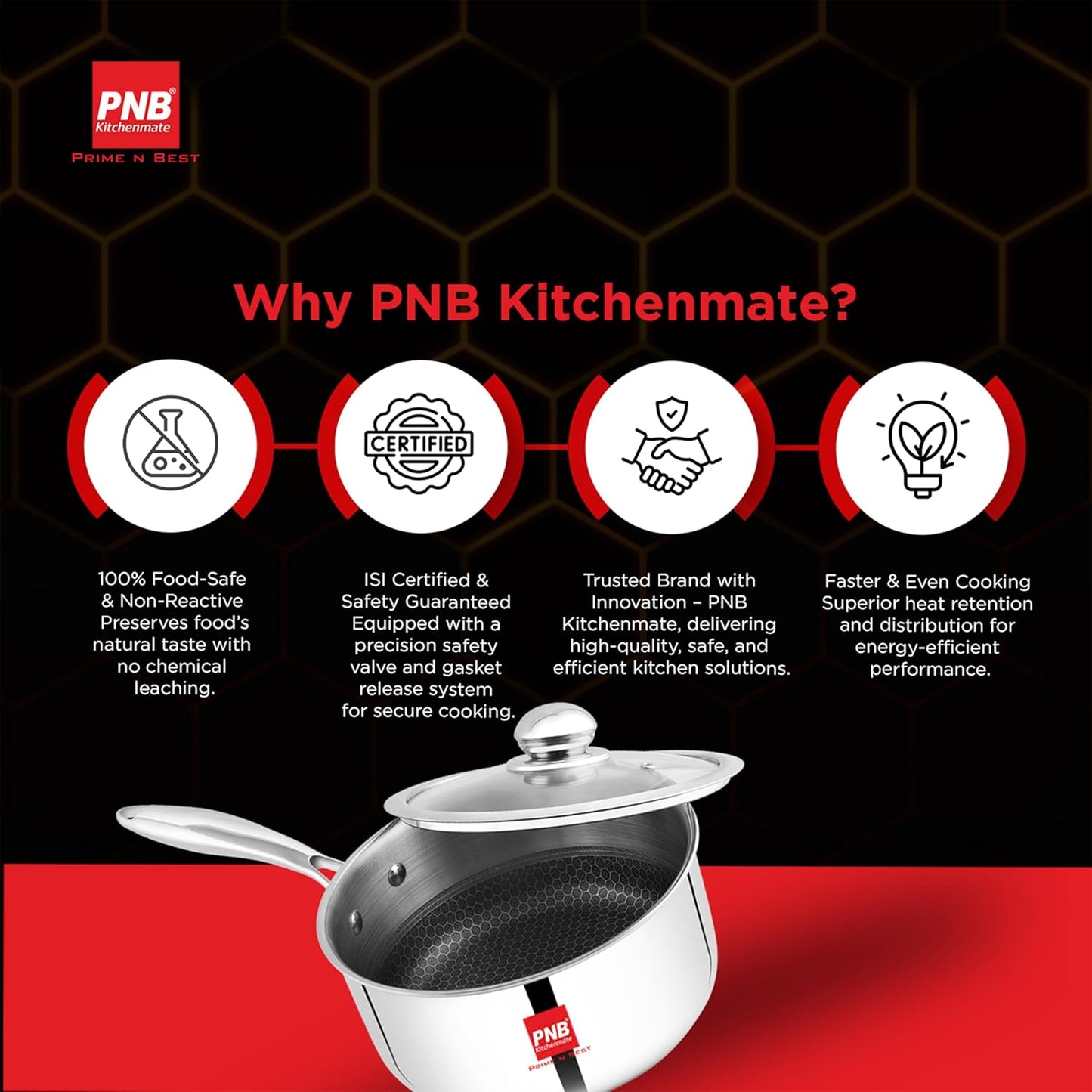 PNB Kitchenmate INOX Triply Saucepan with Lid - Stainless Steel Saucepan - 0.9L Capacity & 14 cm - Gas & Induction Compatible - 3-Ply Clad Construction