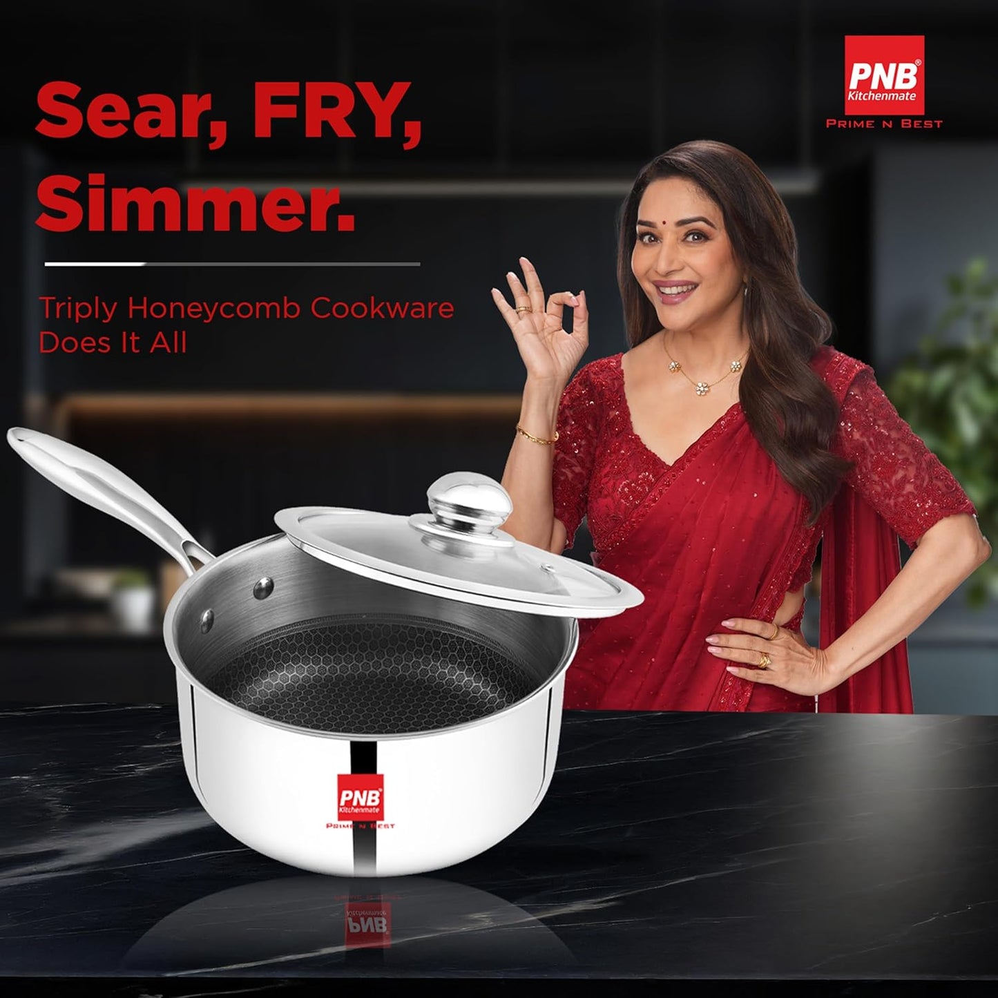 PNB Kitchenmate INOX Triply Saucepan with Lid - Stainless Steel Saucepan - 0.9L Capacity & 14 cm - Gas & Induction Compatible - 3-Ply Clad Construction