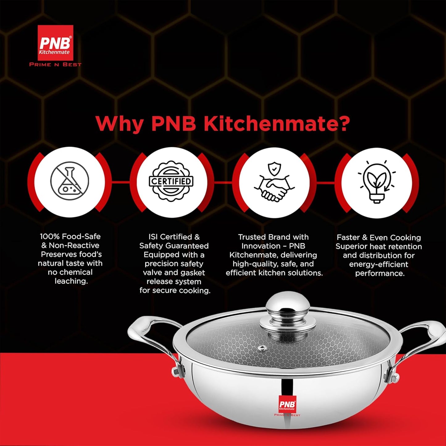 PNB INOX TRIPLY KARAHI with Steel Lid - 2 LTR Capacity & 22 cm - Gas & Induction Compatible - 3-Ply Clad Construction - Triply Stainless Steel Kadai