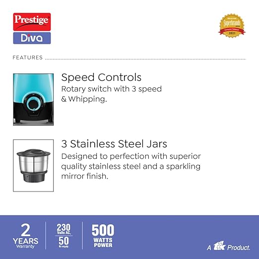 Prestige Diva - 500W Mixer Grinder (3 Jars)