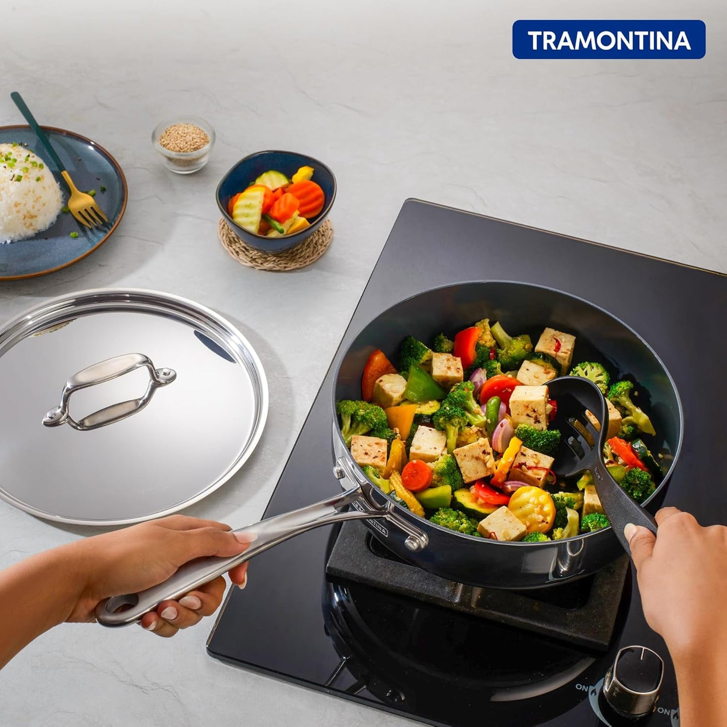 Tramontina Fusao EX+ Ceramic Coated 24cm 2.8L Triply Stainless Steel Saute Pan with Lid