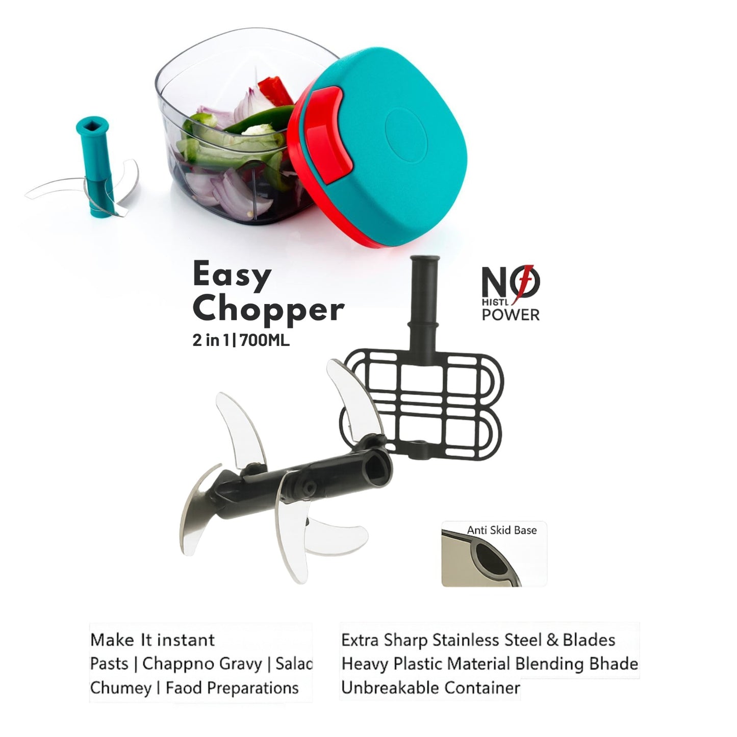 KEMP Quick Manual string Chopper Multipurpose Manual Vegetable, Dry Fruit and Onion Handy Chopper and Quick Cutter Machine for Kitchen with 3 Stainless Steel Blade (700 ML)