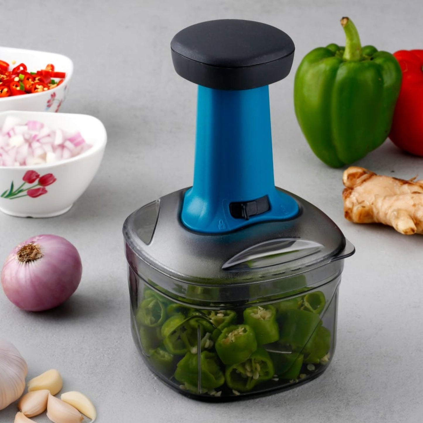 KEMP Press Chopper, Manual Hand Press Push Chopper with 3 Blades for Effortless Chopping Vegetables & Fruits (700 ML)-Multicolor