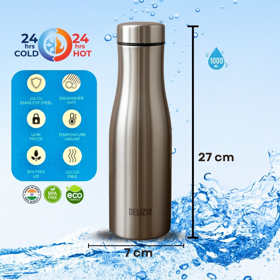 KEMP DELIZIO FLORA Edition Stainless Steel Fridge Water Bottle 1000 ML | 1 L | Single Walled | Office | Gym | Travelling | Leak Proof LID | ECO Friendly | BPA Free | for Adult, Kids